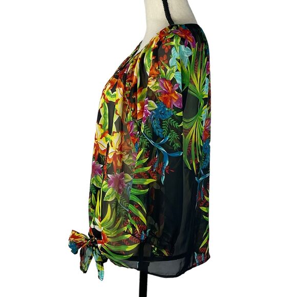 Roz & Ali Medium Top Floral 3/4 Balloon Sleeves Button-Up Sheer Tie-Front Multi - Picture 7 of 10